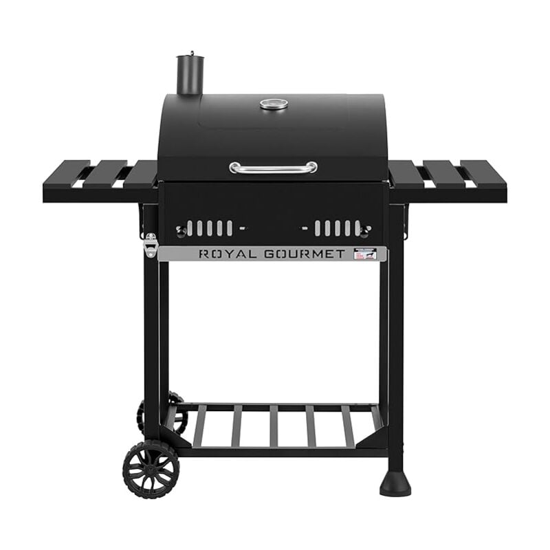 Royal Gourmet - Holzkohlegrill Grillwagen mit klappbaren Seitenablagen, Smoker Standgrill mit Decekl, Thermometer, Kohlegrill Schwarz