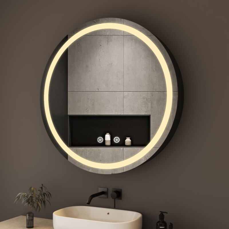 Rund Spiegelschrank Bad mit Beleuchtung 60 x 60 cm, LED Spiegelschrank mit Touch-Schalter, 3 Einstellbare Lichtfarben, Beschlagfrei, Schwarz