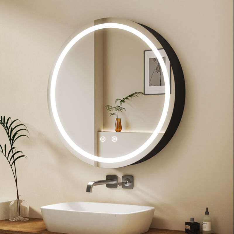 Rund Spiegelschrank Bad mit Beleuchtung 60x60cm, Spiegelschrank Schwarz Medizinschrank mit Touch-Schalter, 3 Einstellbare Lichtfarben, Beschlagfrei