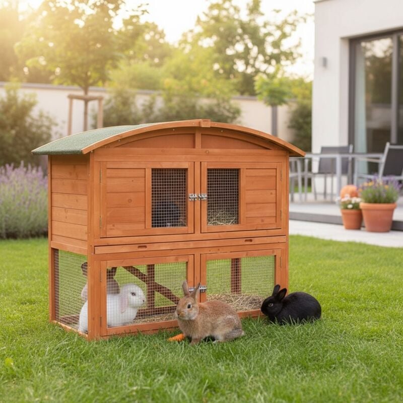 Runddach Kaninchenstall Aufzucht Freigehege Freilauf Käfig Nagerkäfig Holz Braun Laufstall Laufgitter Kleintier Hasenkäfig Draußen Gehege Haus