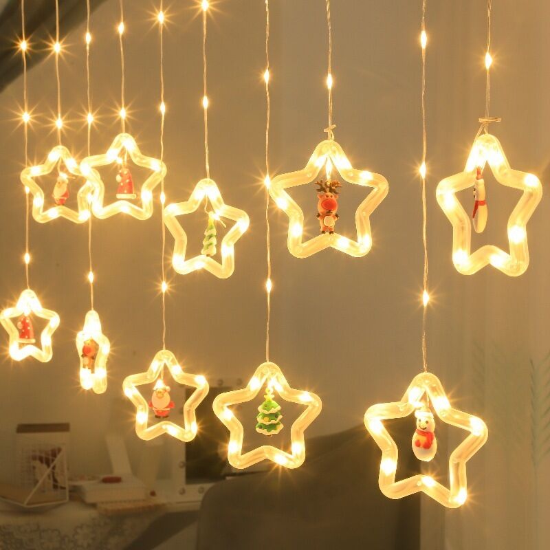 Runde LED-Lichterkette – Weihnachtsbaum-Lichterkette – Weihnachtsbeleuchtung – Fünfzackige Stern-Lichterkette, warmweiß – Wasserdichtes Batteriefach,