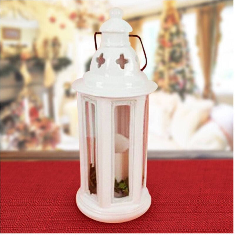 Trade Shop Traesio - Trade Shop - Runde weiße Metalllaterne mit batteriebetriebener Kerze 35 cm Weihnachtsdeko -