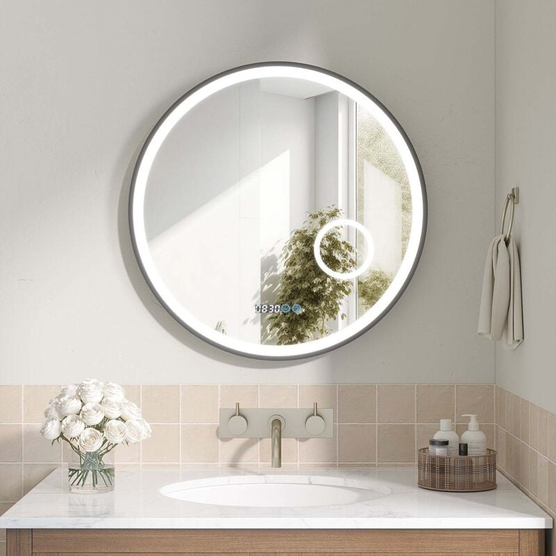 Runder Badezimmer Spiegel LED Badezimmer Spiegel, dreimal vergrößert Kosmetikspiegel mit digitaler Uhr