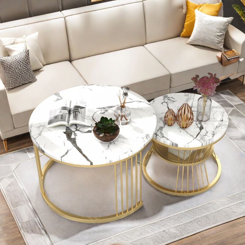 Runder Couchtisch, 2er-Set, Modernes Couchtisch-Set, Beistelltisch für Wohnzimmer, Büro-Couchtisch, Metallrahmen, Weißer Schreibtisch-Goldrahmen