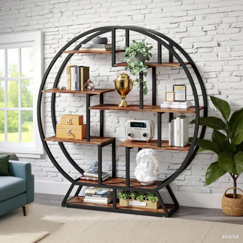 Rundes Bücherregal mit 5 Ebenen, hohes, freistehendes Bücherregal mit 8 offenen Ablagefächern für Wohnzimmer, Büro, Industriestil