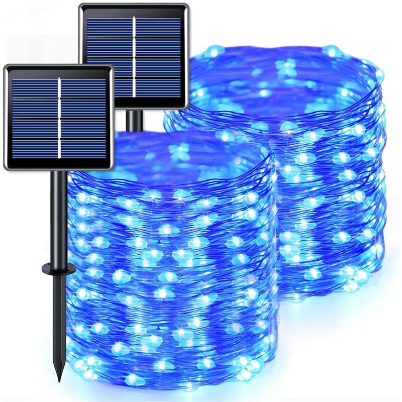 2er-Pack blaue Solarlichter, wasserdicht mit 8 Modi, Kupferdraht für Hof, Terrasse, Garten, Baum, Party, Hochzeit, Weihnachtsdekoration, 42 Meter,
