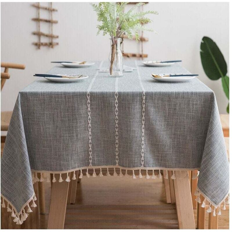 Rustikale karierte Tischdecke mit Fransen, Anti-Falten-Baumwoll-Leinen-Tischdecke für rechteckige Tische, 140 x 180 cm (Grau)