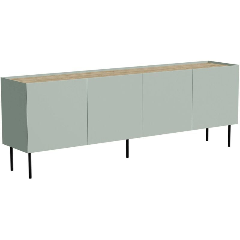 Sagrado Sideboard, Wohnzimmer-Sideboard mit vier Flügeltüren und Innenfächern, vom Boden abgehoben, 200 x 40 x 70 cm, Grün und Eiche