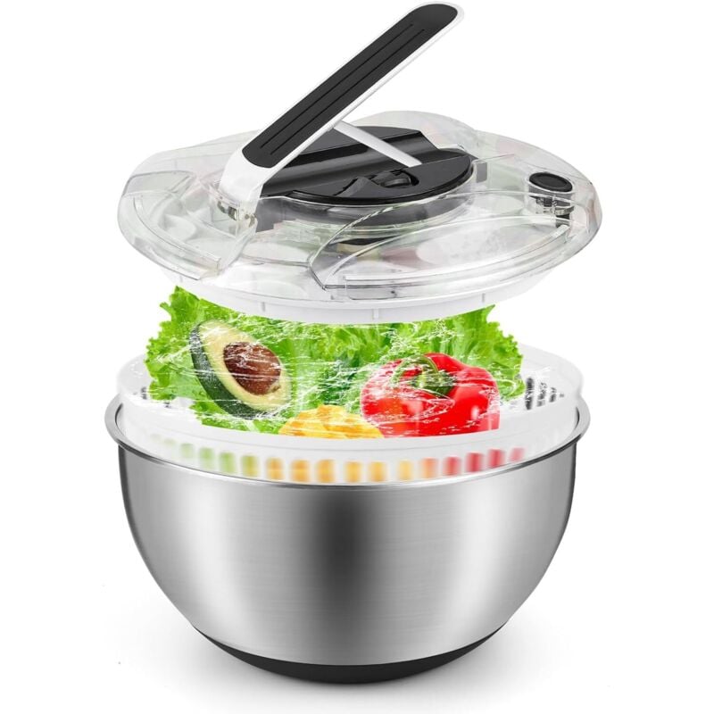 Salatschleuder Edelstahl 3,5L Groß - Mit Deckel & Antirutsch-Basis - Zum Waschen und Schleudern von Salat, Nudeln, Gemüse - Küchenutensil