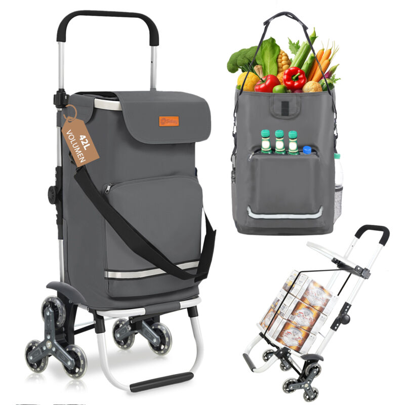 Sekey Aluminium 3 in 1 Treppensteiger Einkaufstrolley, Trolly Einkaufswagen Klappbar mit Kühlfach, 6 Räder, Grau