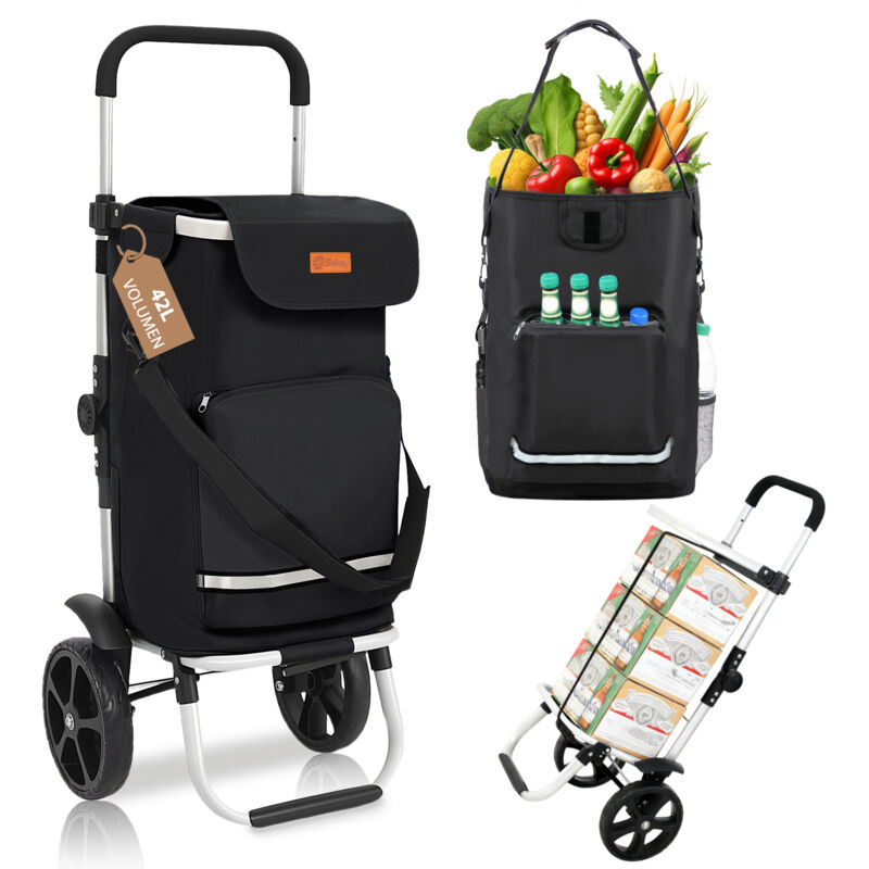 Sekey 3-in-1 Einkaufstrolley klappbar, Abnehmbare Tasche 42L, Alu Einkaufswagen mit Rollen, mit Kühlfach und Spanngurt, schwarz