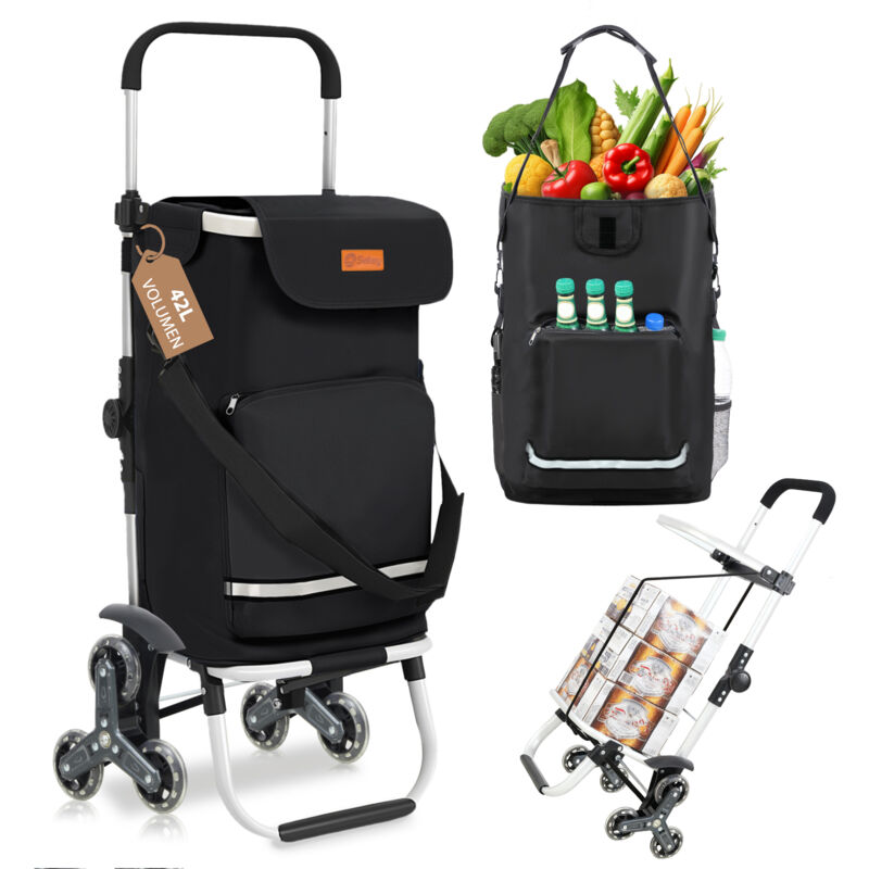 Sekey Aluminium 3 in 1 Treppensteiger Einkaufstrolley, Trolly Einkaufswagen Klappbar mit Kühlfach, 6 Räder, Schwarz