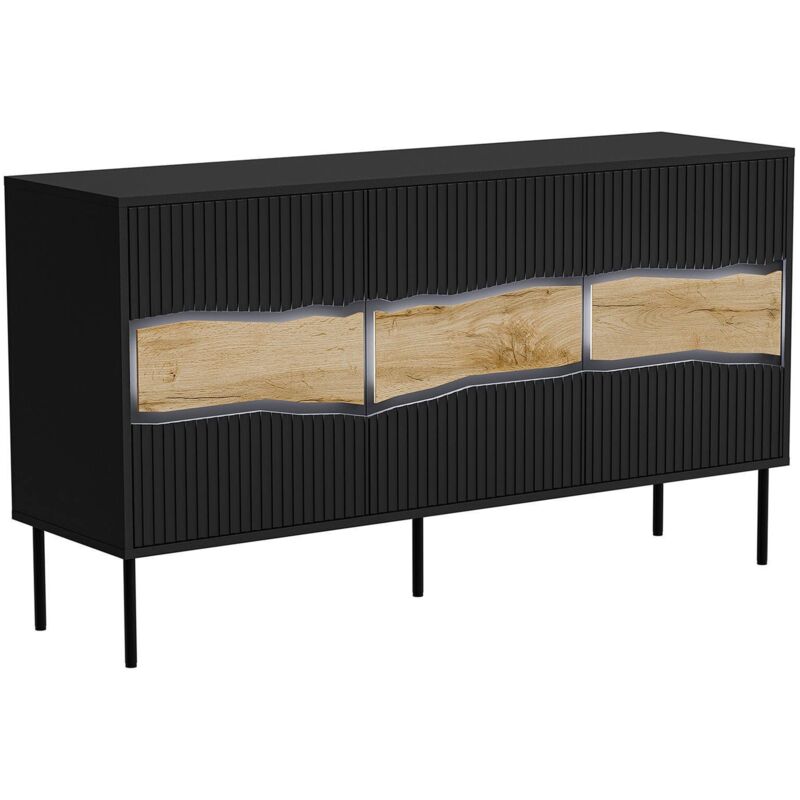 Saliceto Sideboard, Wohnzimmer-Sideboard mit drei Flügeltüren und Innenfächern, vom Boden abgehoben, 144 x 40 x 80 cm, Schwarz und Eichenknoten