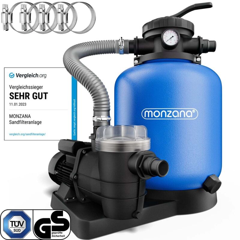 MONZANA® Sandfilteranlage SF96K 9600L/h bis 30.000L Pool Selbstansaugend 400 Watt 2in1 Adapter Ø32–38mm 7Wege Ventil Sandfilterpumpe Poolfilter