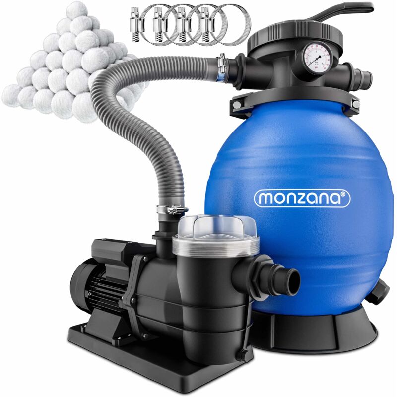 MONZANA® Sandfilteranlage SF96K 9600L/h bis 30.000L Pool Filterbälle 7 Wege Ventil 2in1 Adapter Ø32-38mm 400W Filteranlage Pumpe Filterkessel