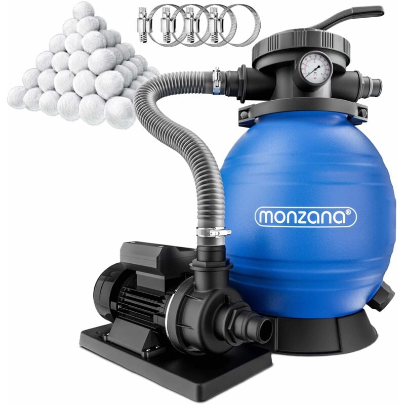 Monzana - Sandfilteranlage SF102K mit Vorfilter 9.960L/h bis 35.000L Pool mit 1.2kg Filterbällen 7 Wege Ventil 2in1 Adapter Ø32-38mm 400W