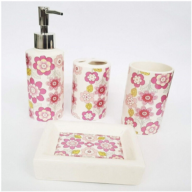 Trade Shop Traesio - Trade Shop - 4-teiliges Badezimmer-Set mit Blumen, Rosen, Blumen, Keramik, Seifenspender, Seifenhalter, Glas, Zahnbürsten -