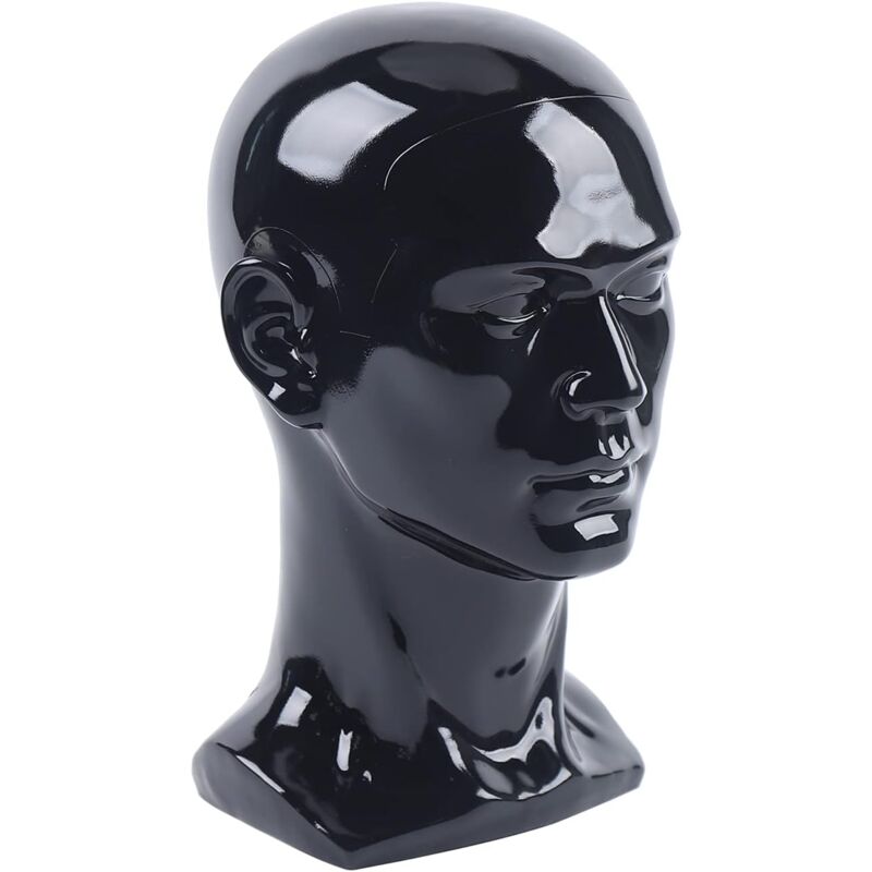 Schaufensterpuppenkopf aus schwarzem, glänzendem Kunststoff zur Aufbewahrung oder Präsentation von Perücken, Helmen, Hüten, Schmuck, Masken,
