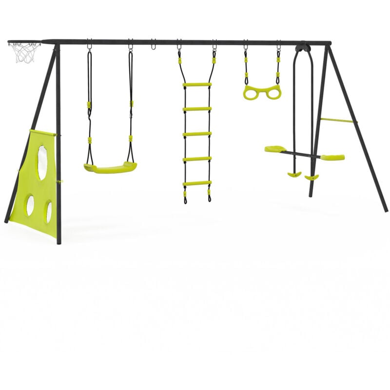 Schaukel 4 Geräte Klettergerüst mit Schaukel gegenüber Trapez Leiter Basketballkorb und Fußballtore