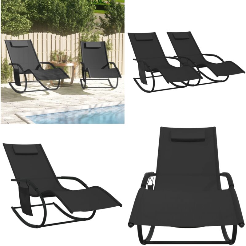 Schaukelliegen 2 Stk. Schwarz Stahl und Textilene - Gartenliege - Schaukelliege - Sonnenschirm - Outdoor Möbel - Balkonmöbel - Home & Living