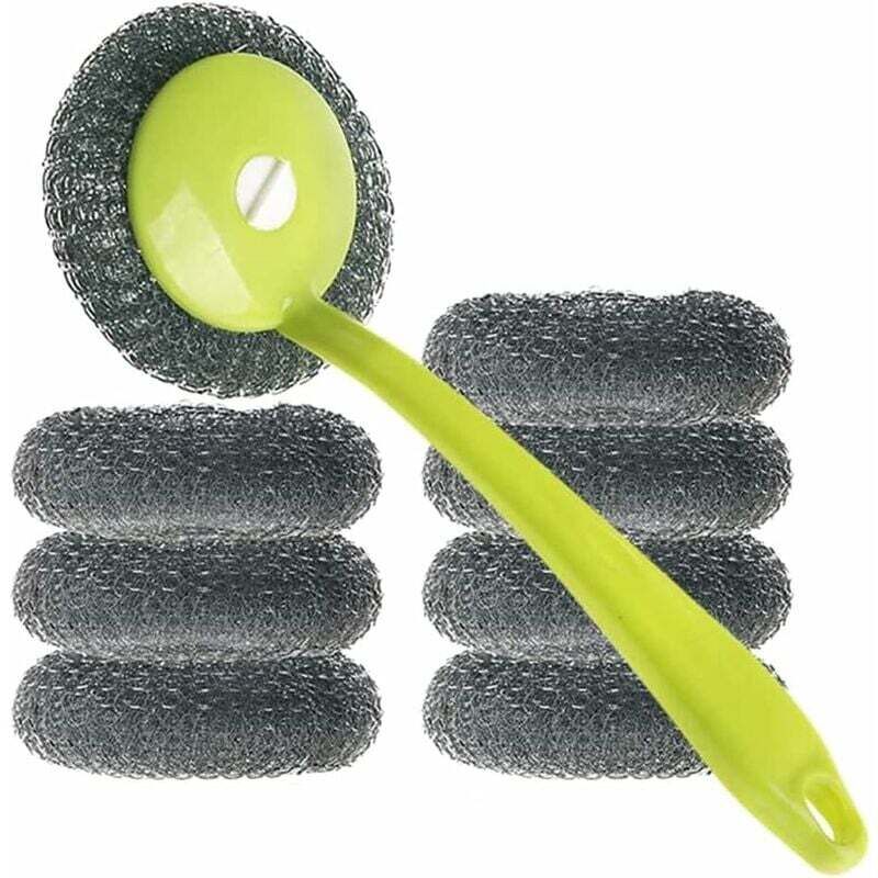 Scheuerschwamm-Set aus Edelstahl mit Griff, 8er-Pack, für Küchenutensilien, Topfbürste, Herdplatte, zum Entfernen hartnäckiger Verschmutzungen (grün)