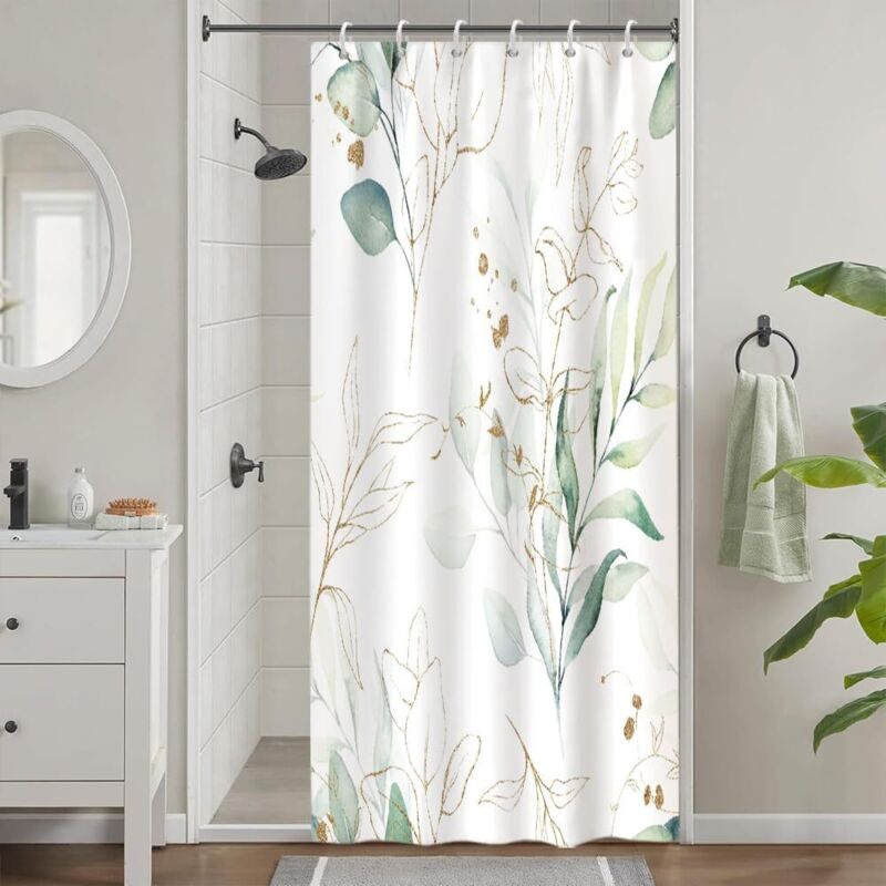 Schimmelresistenter Duschvorhang, schmaler Duschvorhang 90x180cm, grün mit goldenen Eukalyptusblättern, kleiner Badvorhang, waschbarer, wasserdichter