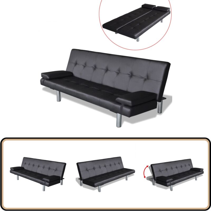 Schlafsofa mit 2 Kissen Kunstleder Ausziehbar Schwarz - Sofa - Schlafsofa - Couch - Gästebett - Wohnraum