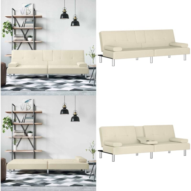 Schlafsofa mit Getränkehaltern Creme Kunstleder - Schlafsofa - Sofa - Gästebett - Wohnzimmersofa - Couch - Home & Living