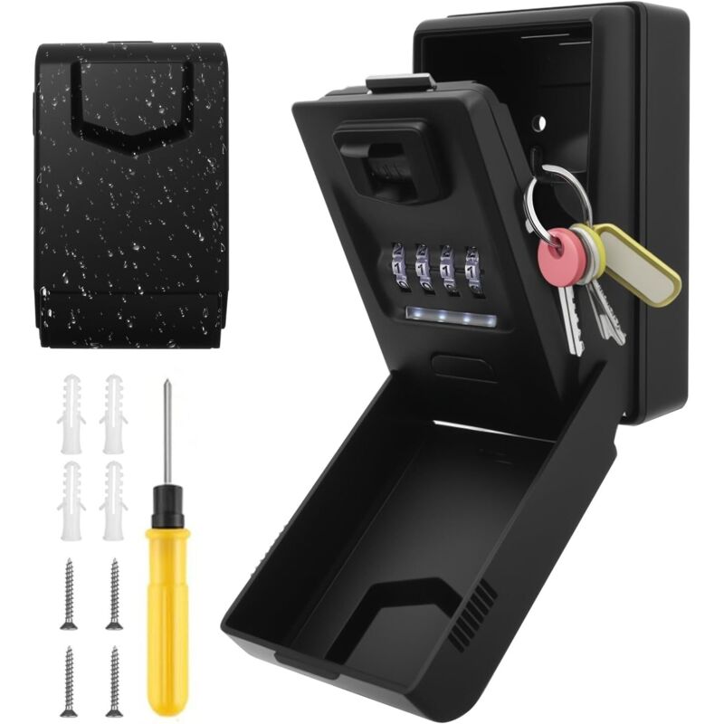 Schlüsselsafe mit digitalem Code, Außenschlüsselsafe mit LED-Beleuchtung, Wandmontage, 4-stelliger Code, wasserdicht, für Hausschlüssel,