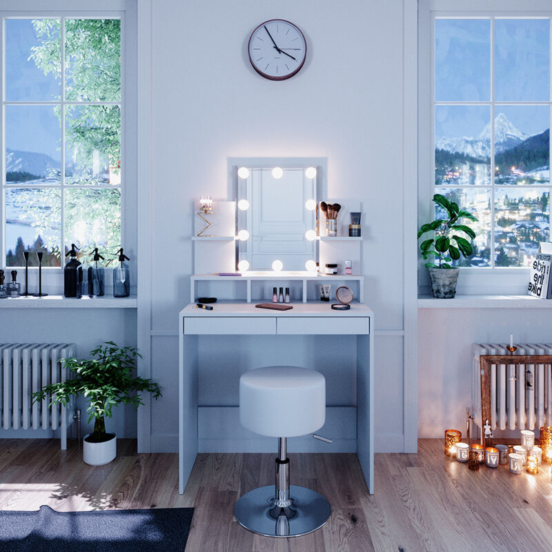 Vicco - Schminktisch Ania, Weiß, 80 cm mit led Beleuchtung und Hocker