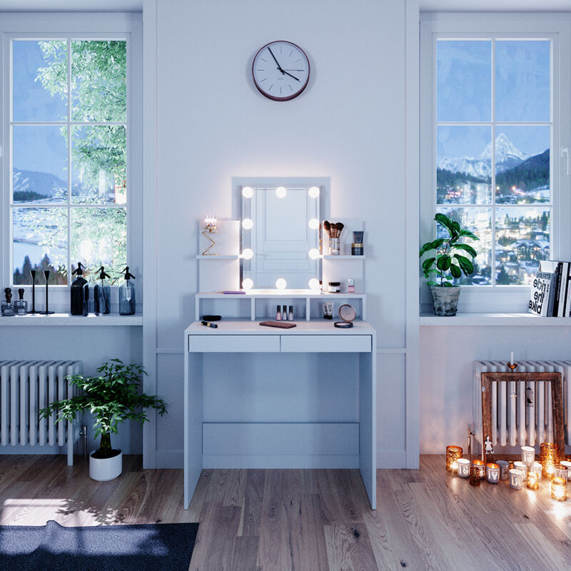 Schminktisch Ania, Weiß, 80 cm mit led Beleuchtung Vicco