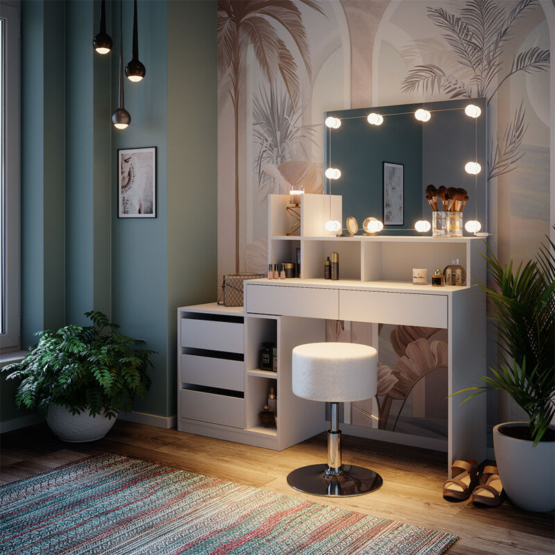 Vicco - Schminktisch Anja, Weiß, 139.8 cm mit led Beleuchtung und Hocker
