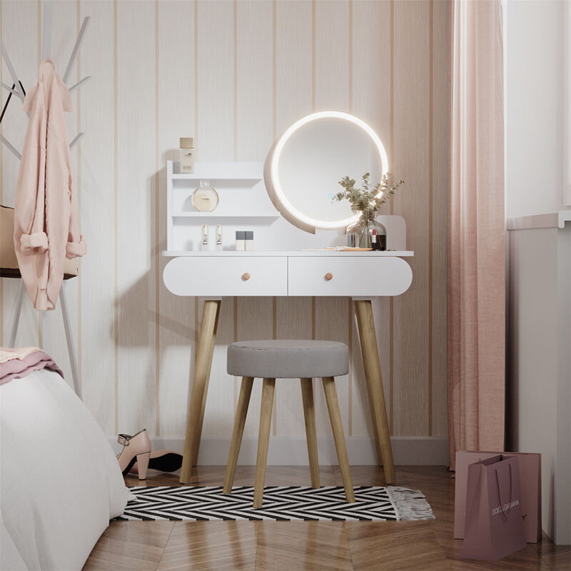 Vicco - Schminktisch Edda, Weiß, 80 cm mit led Beleuchtung und Hocker