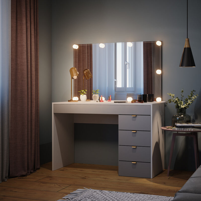 Vicco - Schminktisch Elise, Weiß/Grau/Grau, 115 cm mit led Beleuchtung