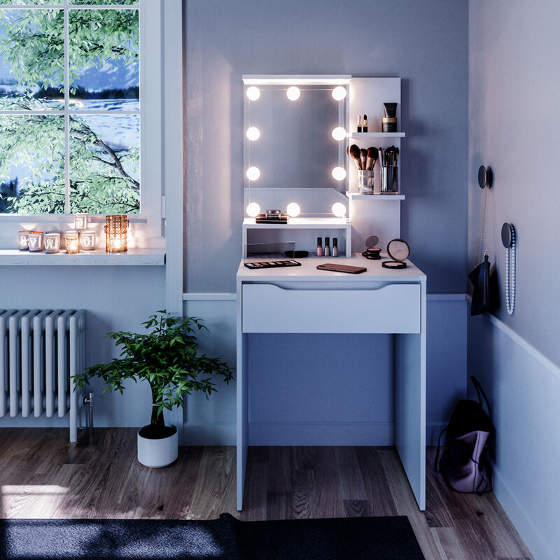 Schminktisch Ruben, Weiß, 60 cm mit led Beleuchtung Vicco