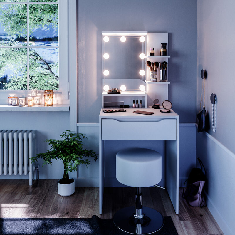 Vicco - Schminktisch Ruben, Weiß, 60 cm mit led Beleuchtung und Hocker
