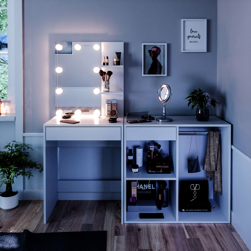 Schminktisch Isabelle, Weiß, 60 cm mit LED Beleuchtung und Schrank, Vicco