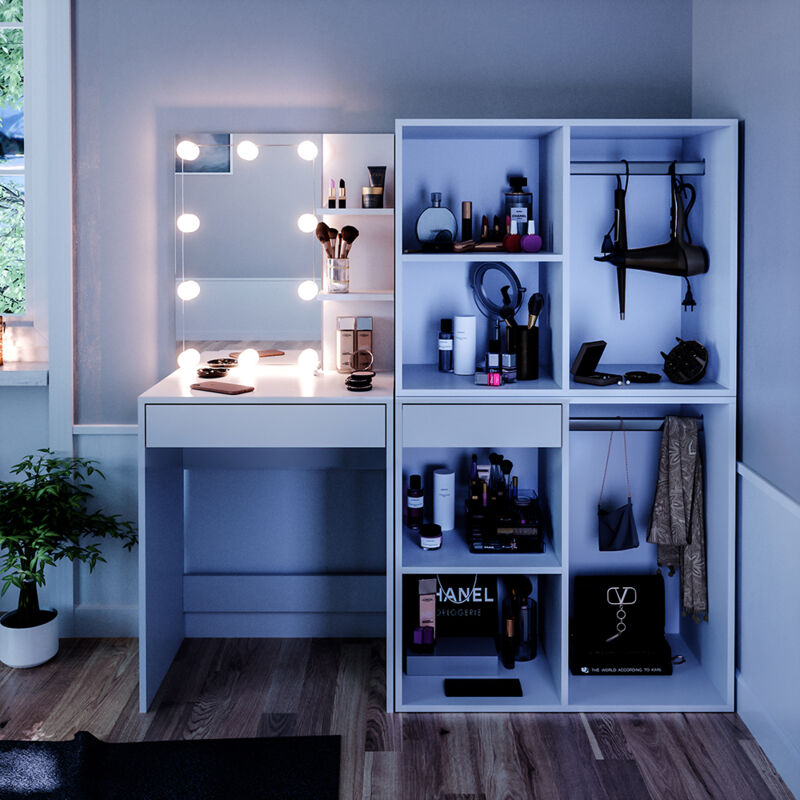 Schminktisch Isabelle, Weiß, 60 cm mit led Beleuchtung und Schränken Vicco