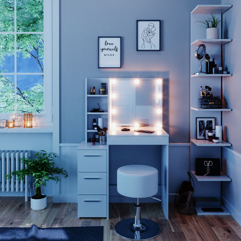 Schminktisch Meryl, Weiß, 79.9 cm mit led Beleuchtung und Hocker Vicco