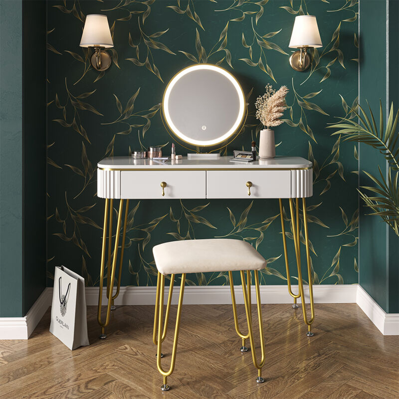 Vicco - Schminktisch Grace, Weiß, 100 cm mit led Beleuchtung und Hocker