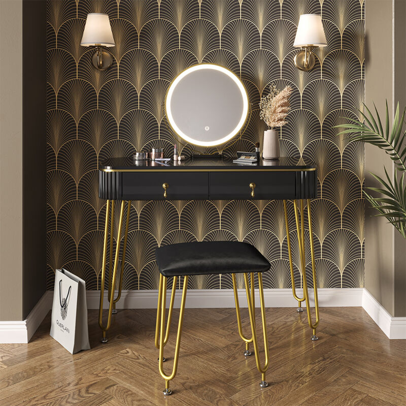 Vicco - Schminktisch Grace, Schwarz, 100 cm mit led Beleuchtung und Hocker