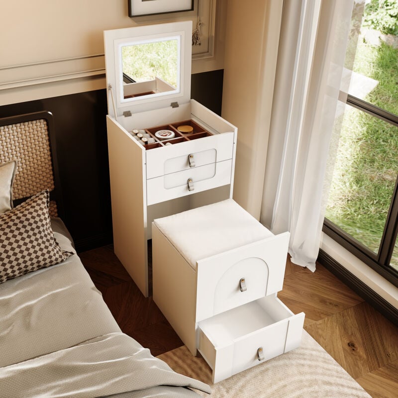 Schminktisch (inkl. Make-up-Hocker), multifunktionaler Aufbewahrungshocker, Nachttisch, mit Spiegel und LED-Beleuchtung, mit 3 Schubladen, weiß