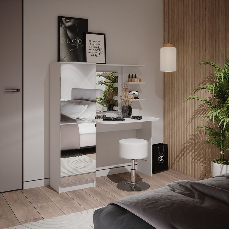 Vicco - Schminktisch , Weiß, 123 cm mit LED-Beleuchtung und Hocker