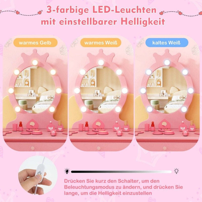 Schminktisch kinder mit beleuchtung 2 in 1 frisiertisch prinzessin mit abnehmbarem spiegel rosa