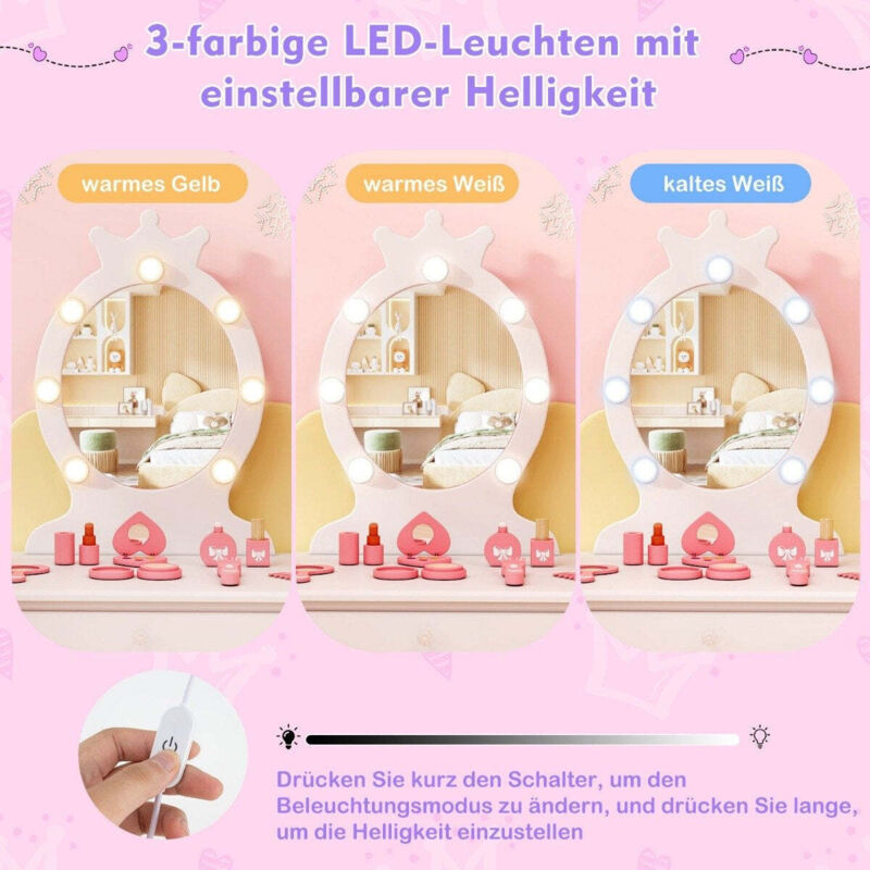 Schminktisch kinder mit beleuchtung 2 in 1 frisiertisch prinzessin mit abnehmbarem spiegel wei