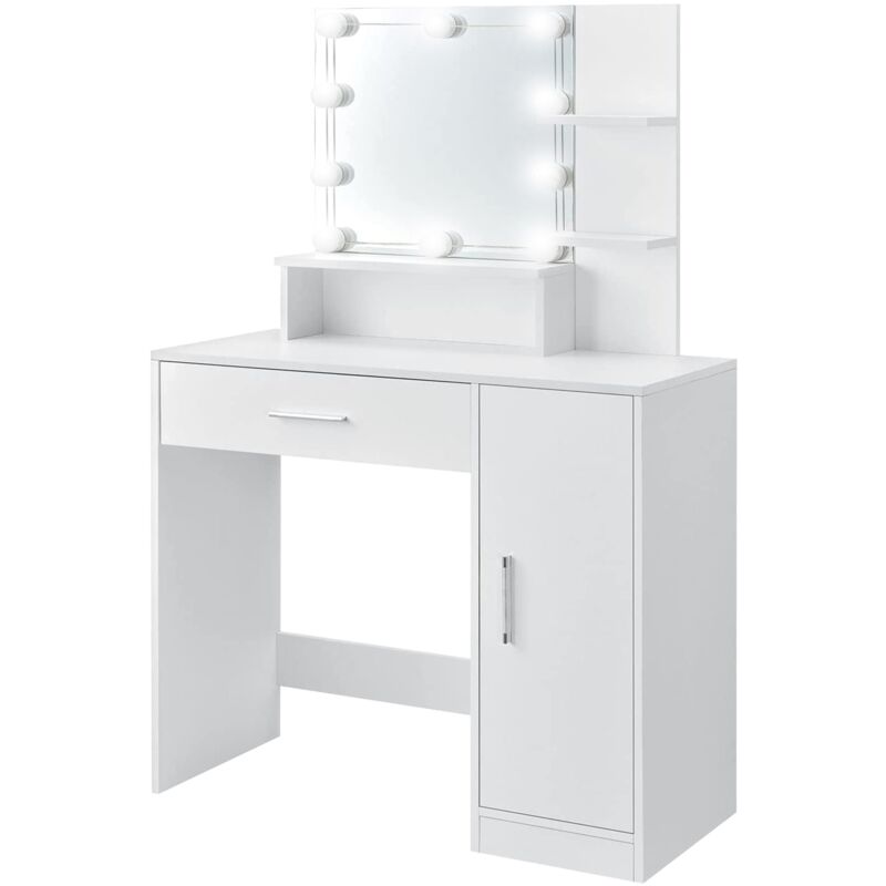 Ml-design - Schminktisch Weiß, Frisiertisch mit LED-Beleuchtung, Spiegel, 1 Schublade, 3 Fächer & Schrank, 90x38x137 cm, Kosmetiktisch für Damen und