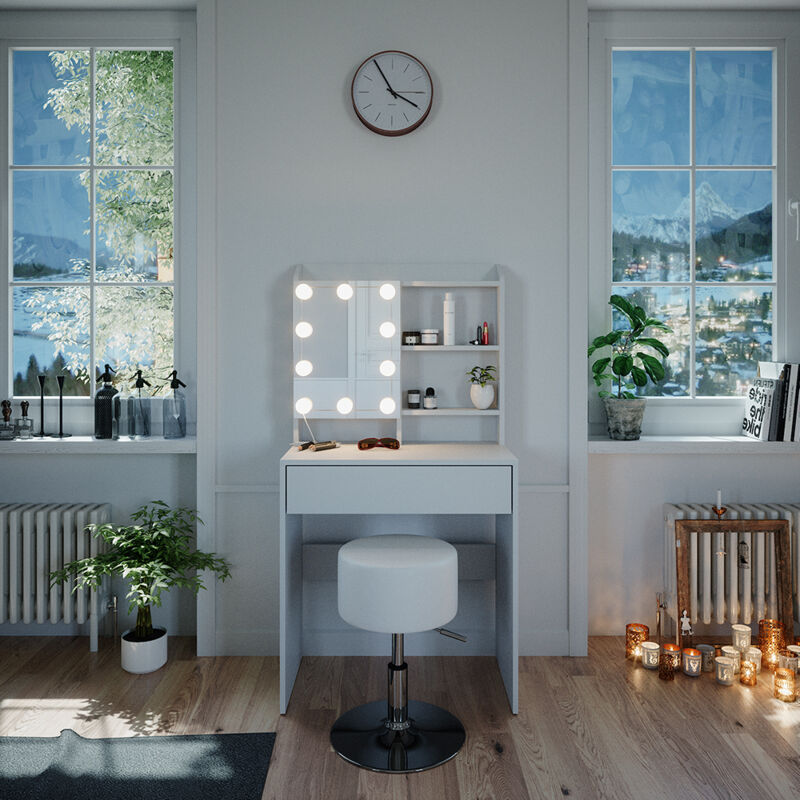 Vicco - Schminktisch Laura, Weiß, 70 cm mit led Beleuchtung und Hocker