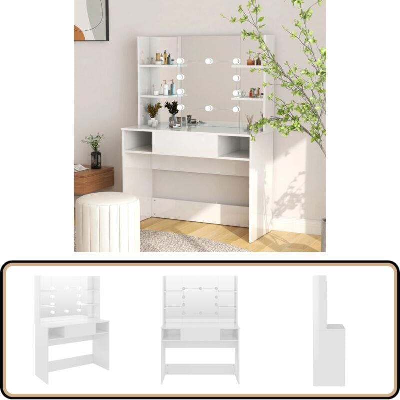 Schminktisch LED-Beleuchtung 100x40x135 cm mdf Glänzendes Weiß - Schminktisch - led Beleuchtung - Kosmetiktisch - Makeuptisch - Weißer Schminktisch