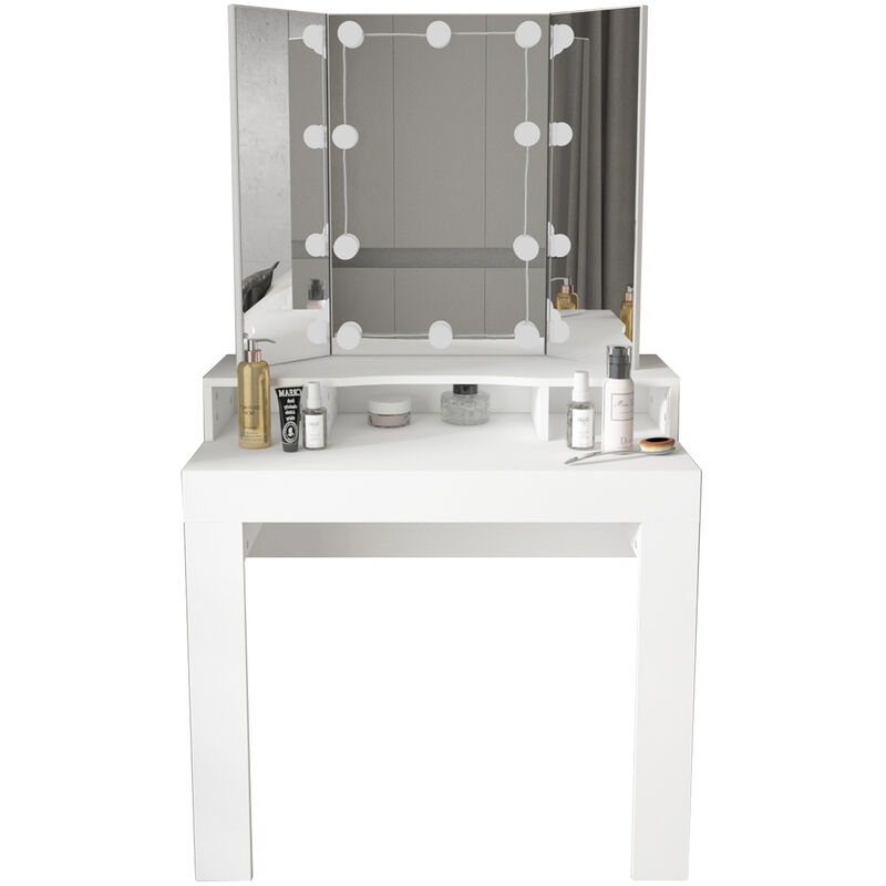 Ml-design - Schminktisch Weiß Frisiertisch mit led Beleuchtung, Spiegel 3-tlg klappbar, Schublade 3 Fächer, 89,5x155x43,5cm, Kosmetiktisch für Damen