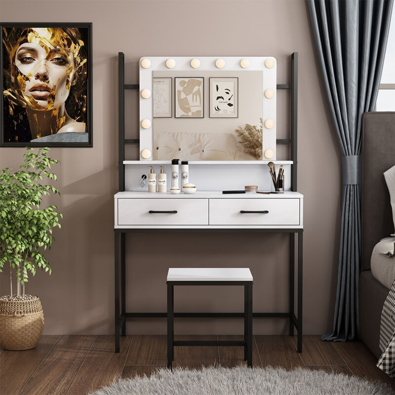 Vicco - Schminktisch Luvia, Weiß, 90 cm mit LED-Beleuchtung und Hocker